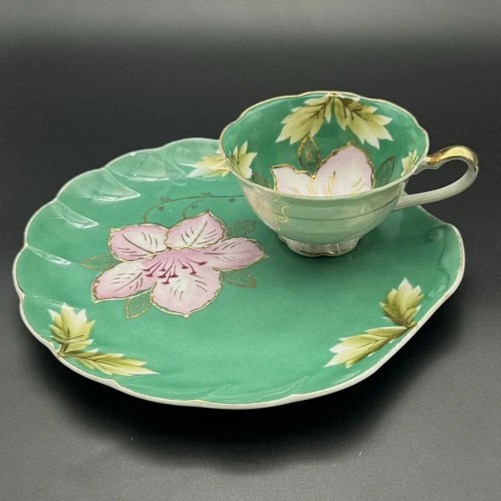Tea Cup & Snack Saucer Vintage Royal Carlton 7917 Jade Green Pink Floral Gold